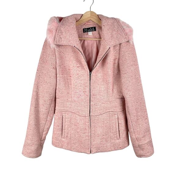 y2k Pink Tweed Wool Blend Coat Size S Faux Fur Trim Full Zip Jacket Bratz Doll - Picture 1 of 11